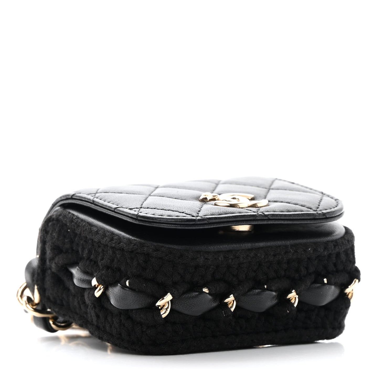 Calfskin Crochet Embroidered Quilted Mini Clutch with Chain Black