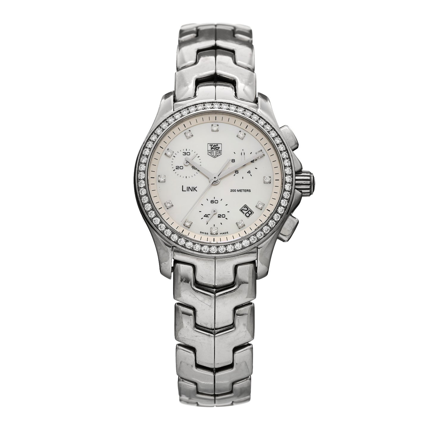 Stainless Steel Diamond Bezel Mother of Pearl 33mm Link Lady Quartz Watch CJF1314