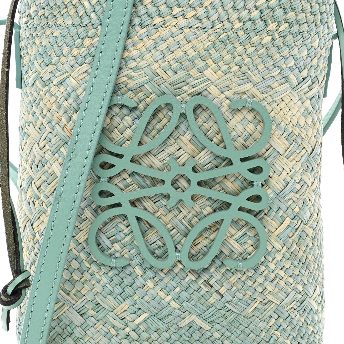 Iraca Palm Calfskin Anagram Square Pocket Bucket Bag Natural Fresh Mint