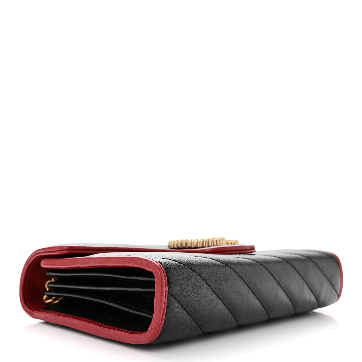 Gucci Vintage Effect Calfskin Matelasse Diagonal Torchon GG Marmont Chain Wallet Black Romantic Cherry 4 of 11