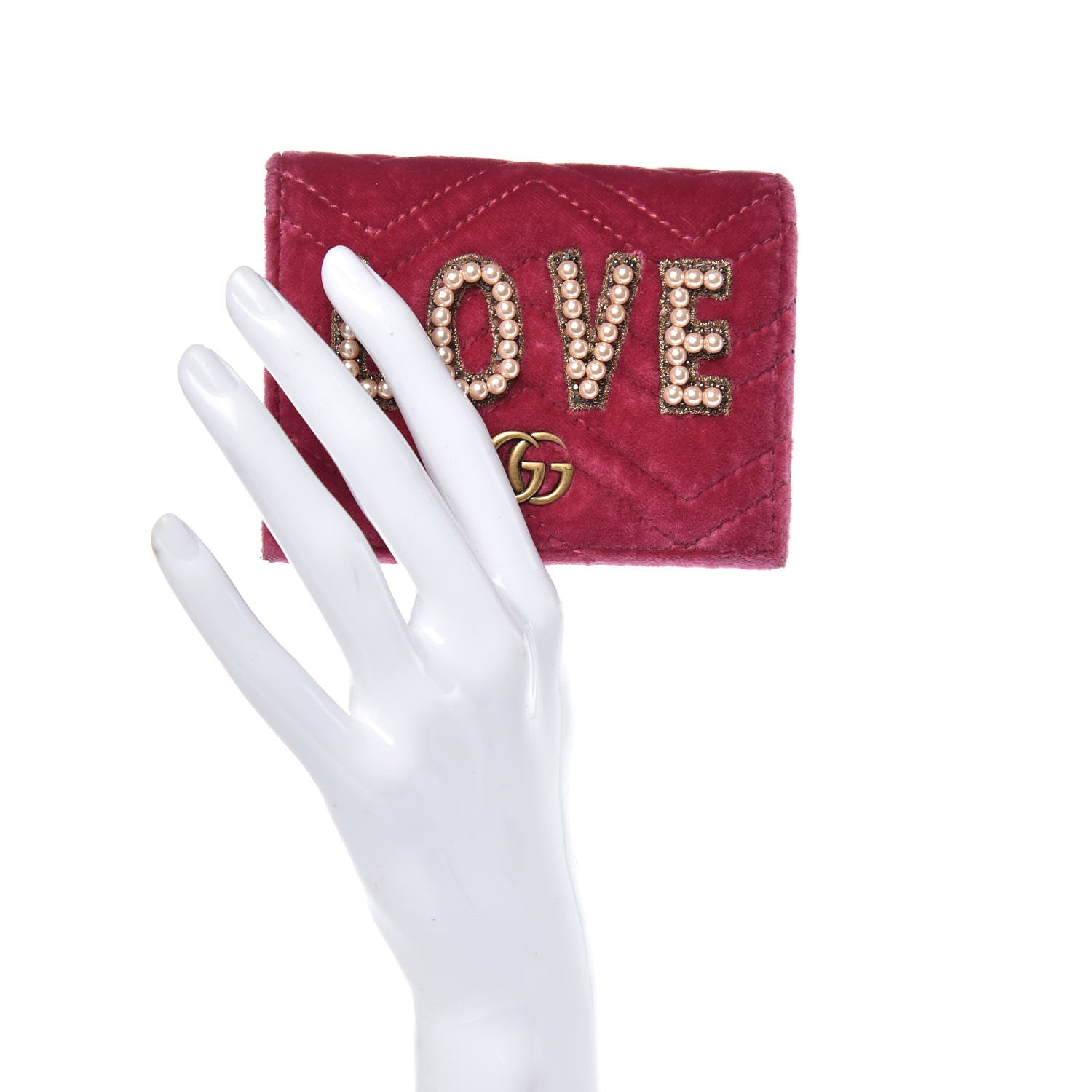 Gucci Velvet Matelasse Pearl Love Embroidered GG Marmont Card Case Wallet Light Raspberry Rose 2 of 9