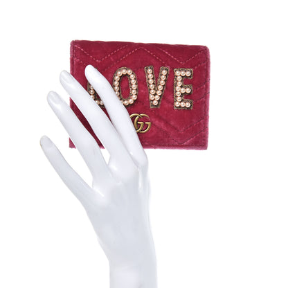 Gucci Velvet Matelasse Pearl Love Embroidered GG Marmont Card Case Wallet Light Raspberry Rose 2 of 9