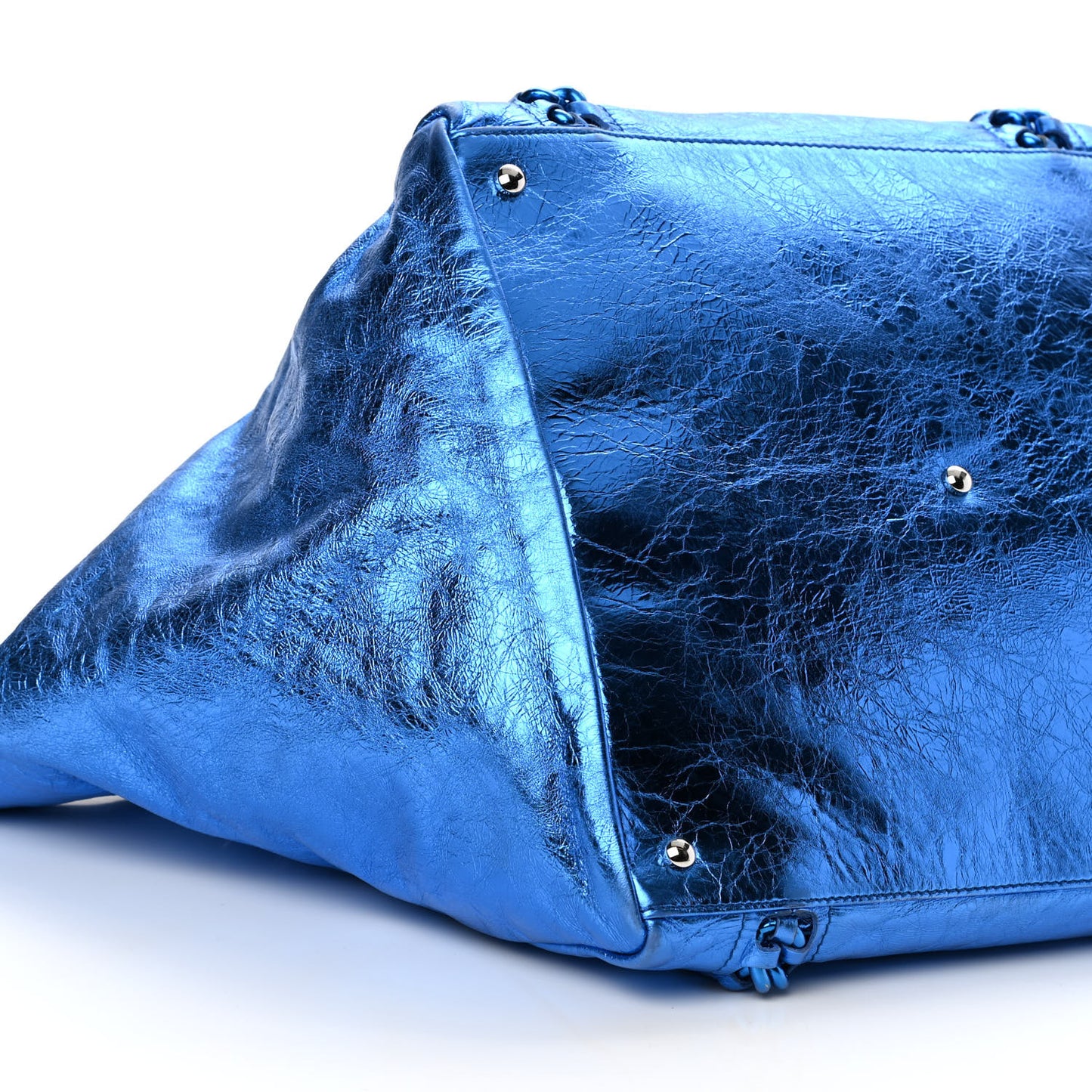 Metallic Cracked Calfskin Modern Chain Tote Blue