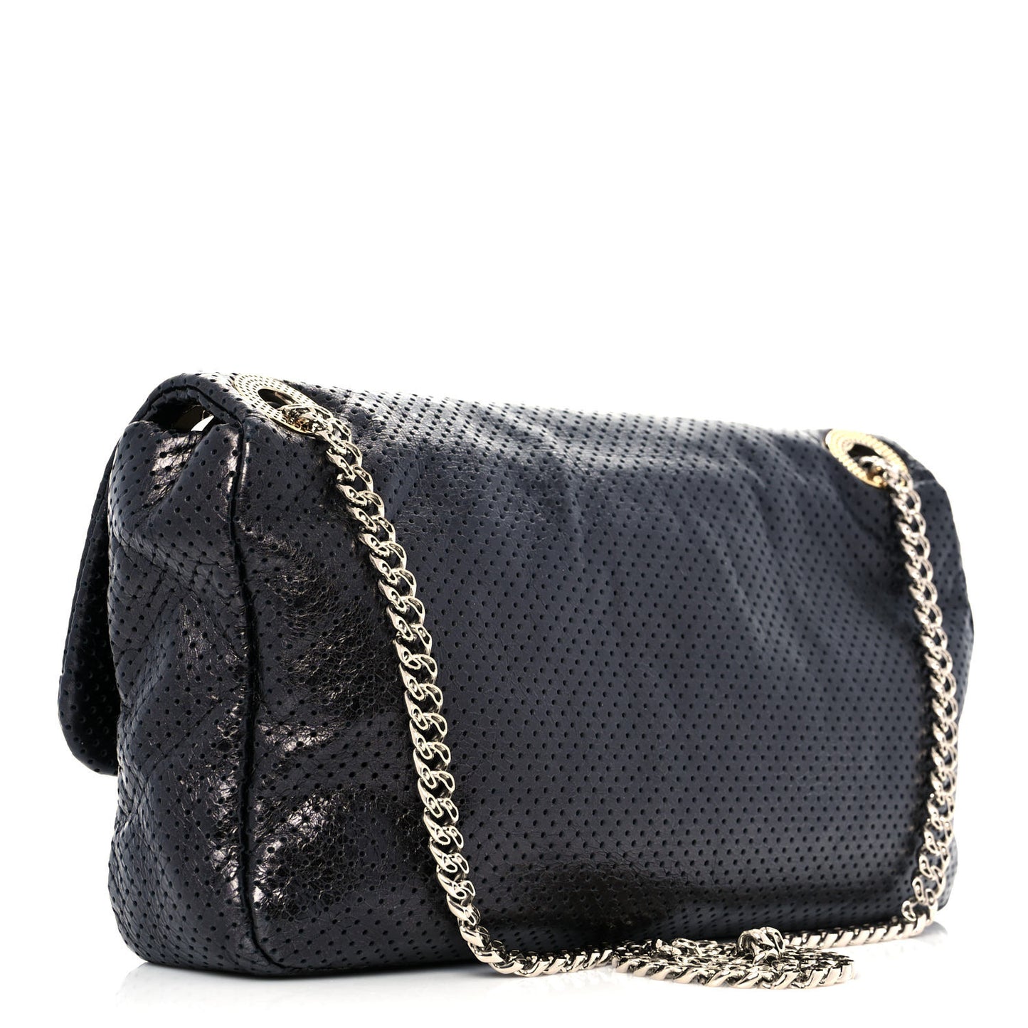 Metallic Crackled Calfskin Large Perforated Drill Flap Black