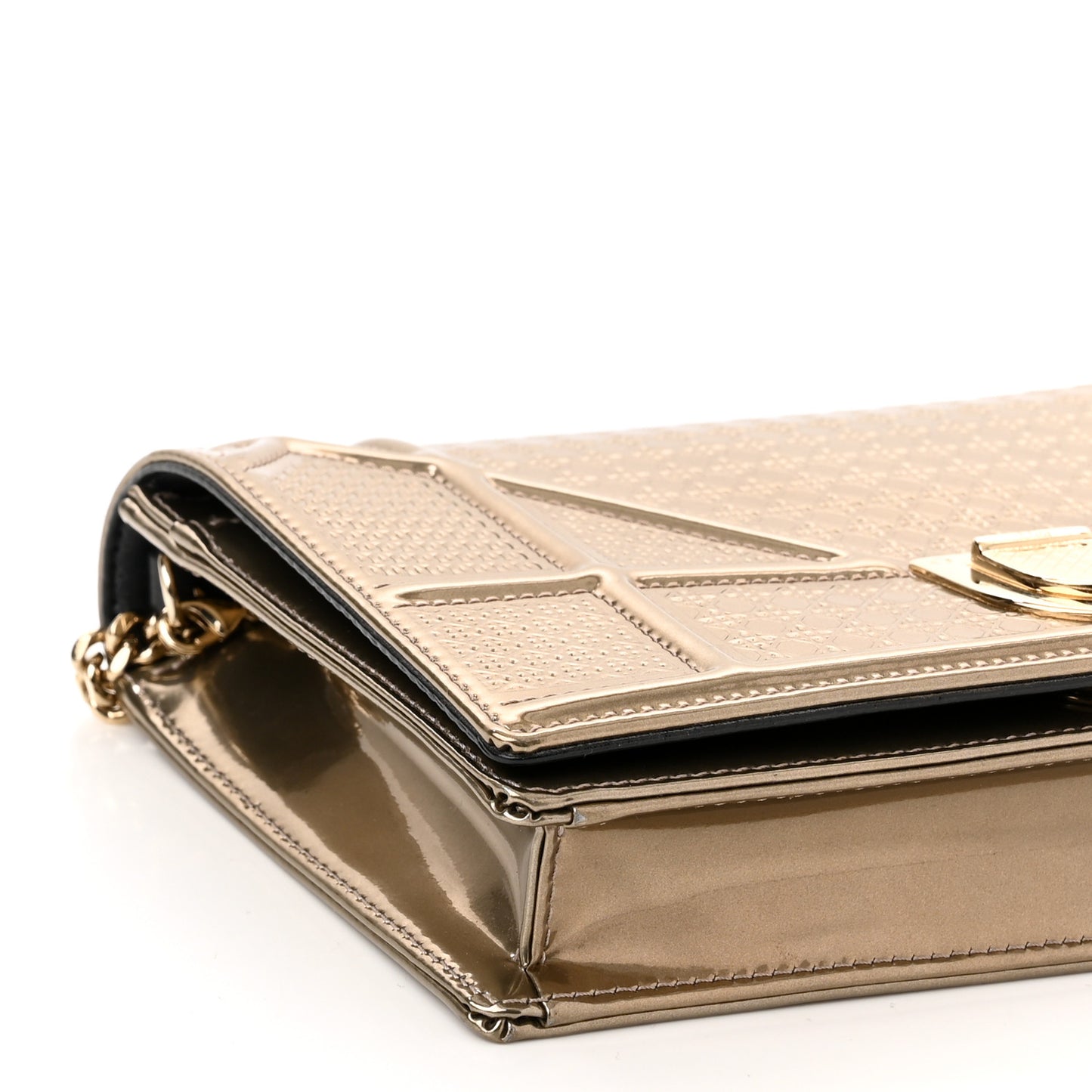 Metallic Patent Micro-Cannage Diorama Wallet on Chain Pouch Gold