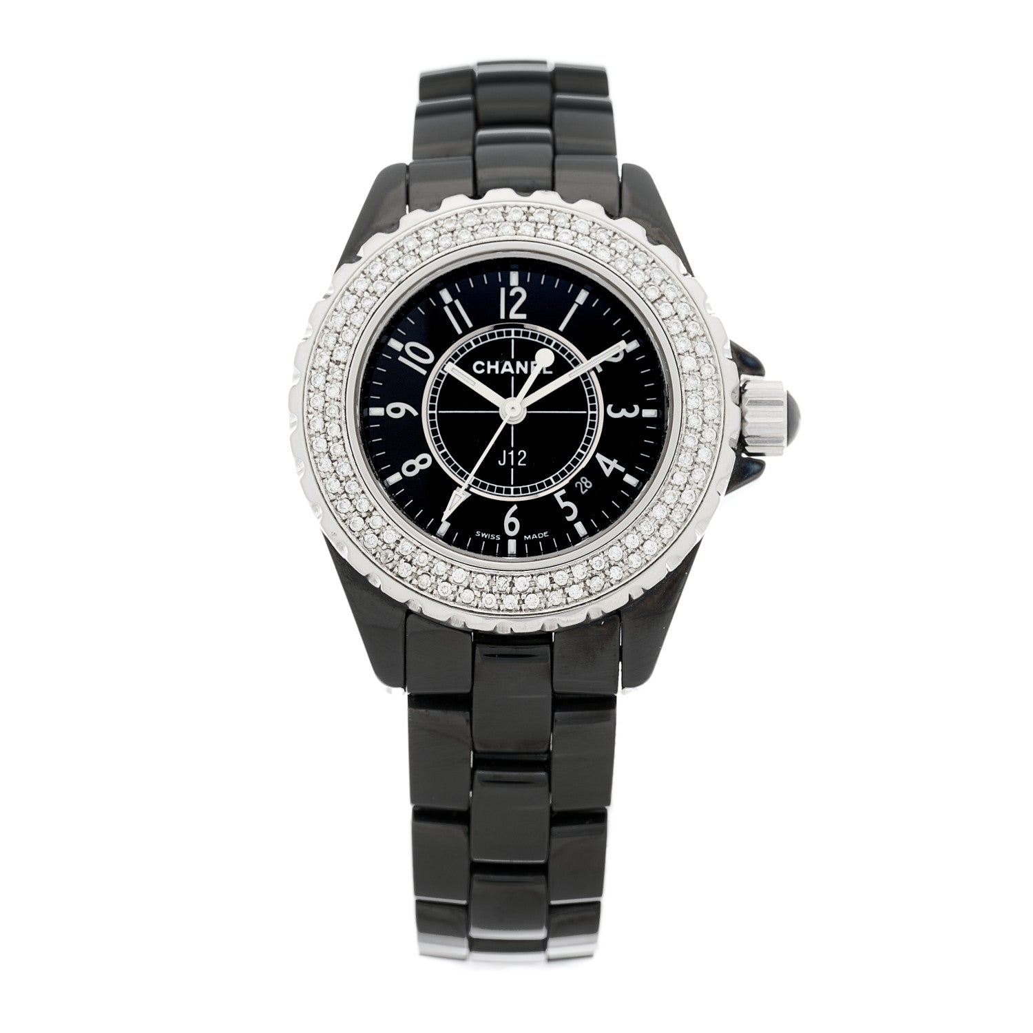 Chanel Stainless Steel Ceramic Diamond Pave Bezel 33mm J12 Quartz Watch Black 1 of 3