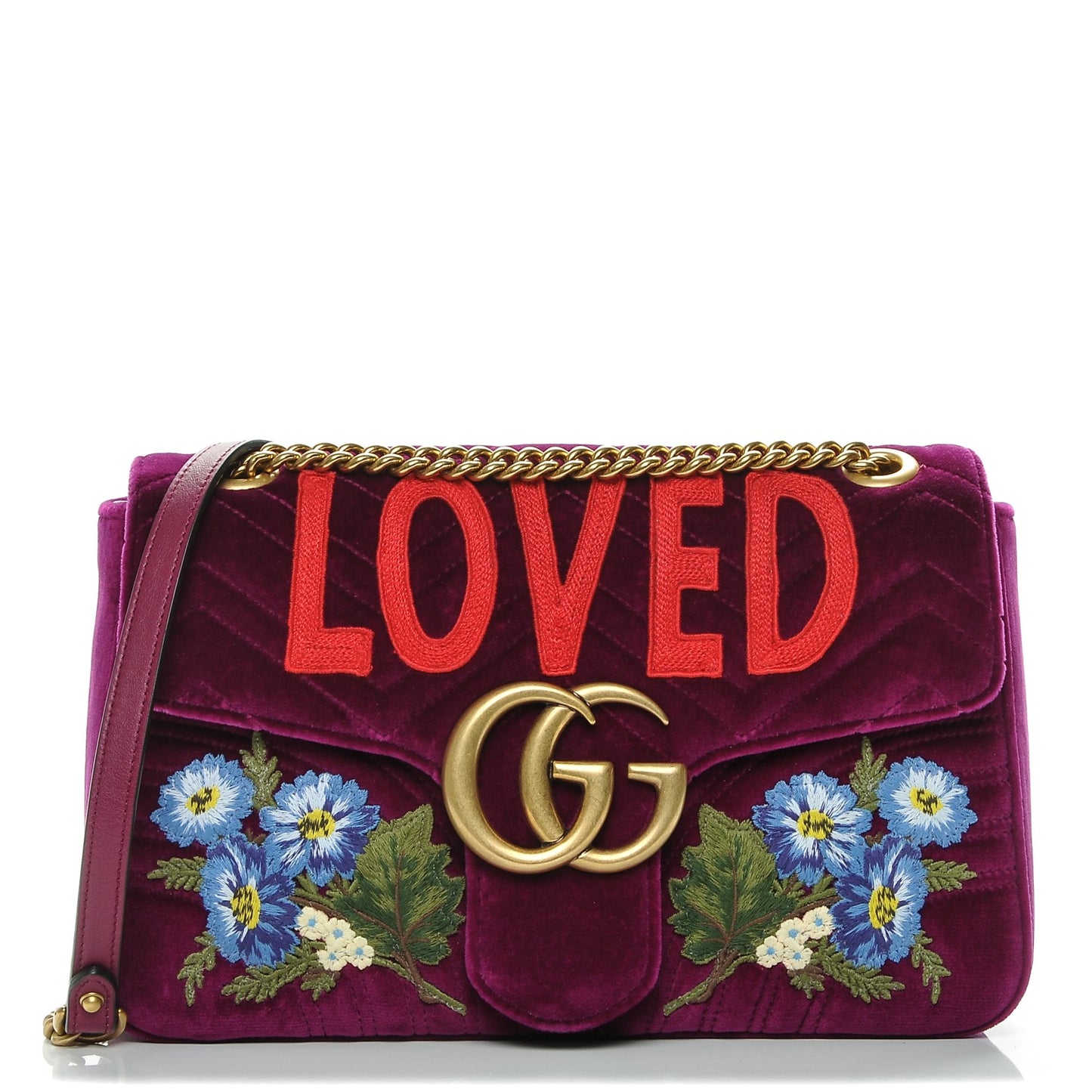 Velvet Matelasse Loved Embroidered Medium GG Marmont Shoulder Bag Fuchsia Violet Cyclamen