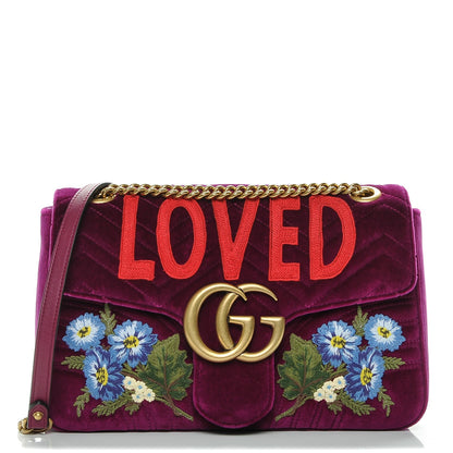 Gucci Velvet Matelasse Loved Embroidered Medium GG Marmont Shoulder Bag Fuchsia Violet Cyclamen 1 of 7