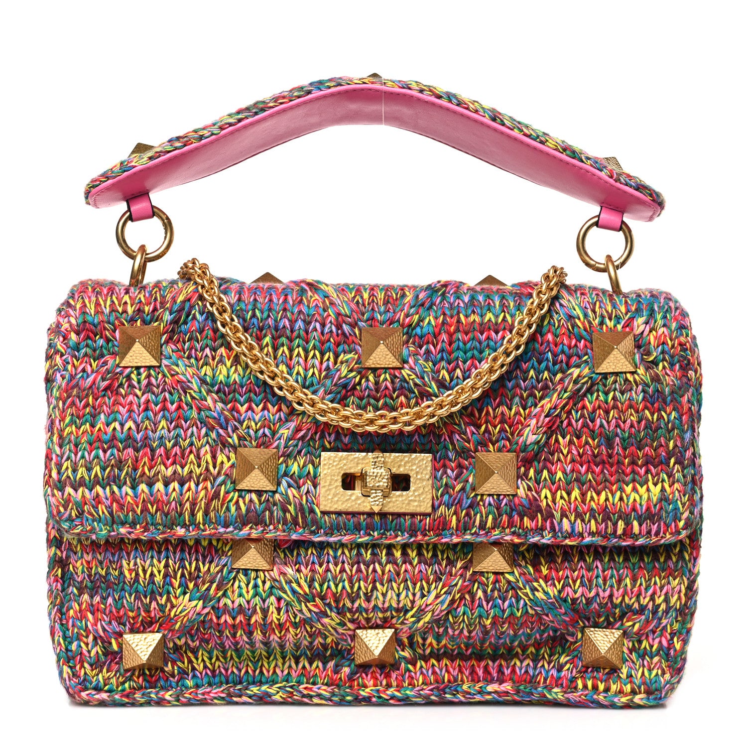 Valentino Garavani Wool Woven Large Roman Stud Shoulder Bag Multicolor Feminine Pink 1 of 8