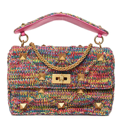 Valentino Garavani Wool Woven Large Roman Stud Shoulder Bag Multicolor Feminine Pink 1 of 8