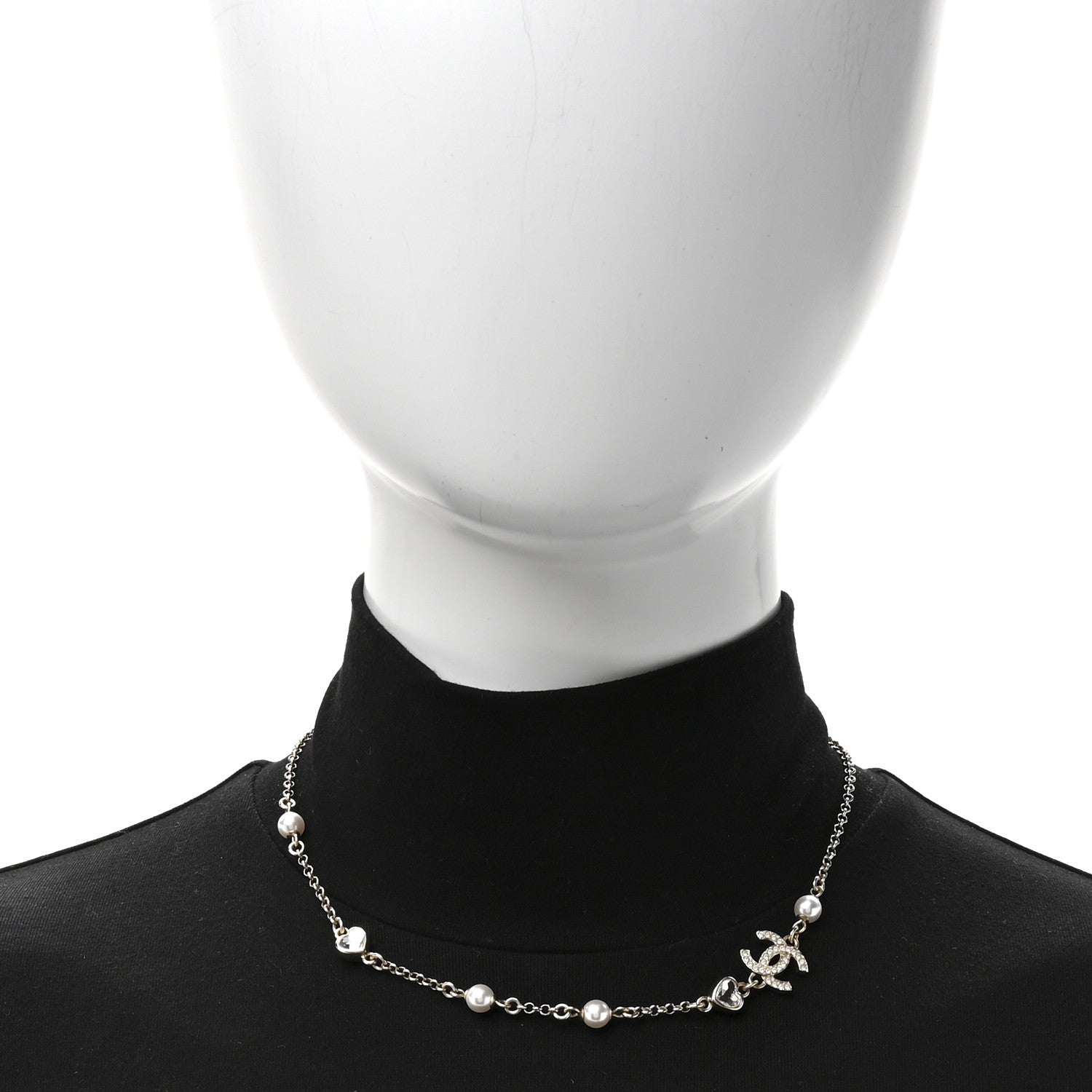 Chanel Pearl Crystal CC Heart Chain Short Necklace Gold 2 of 4