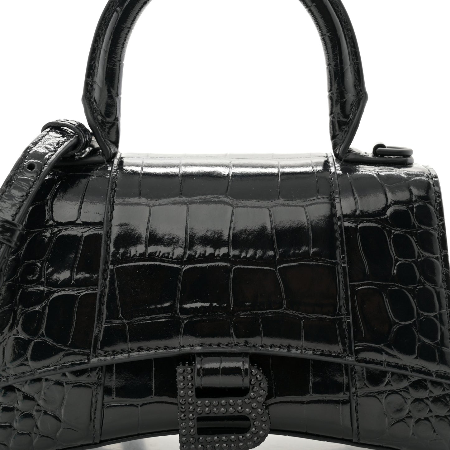 Shiny Calfskin Strass Monochrome Crocodile Embossed Hourglass Top Handle Bag XS Black