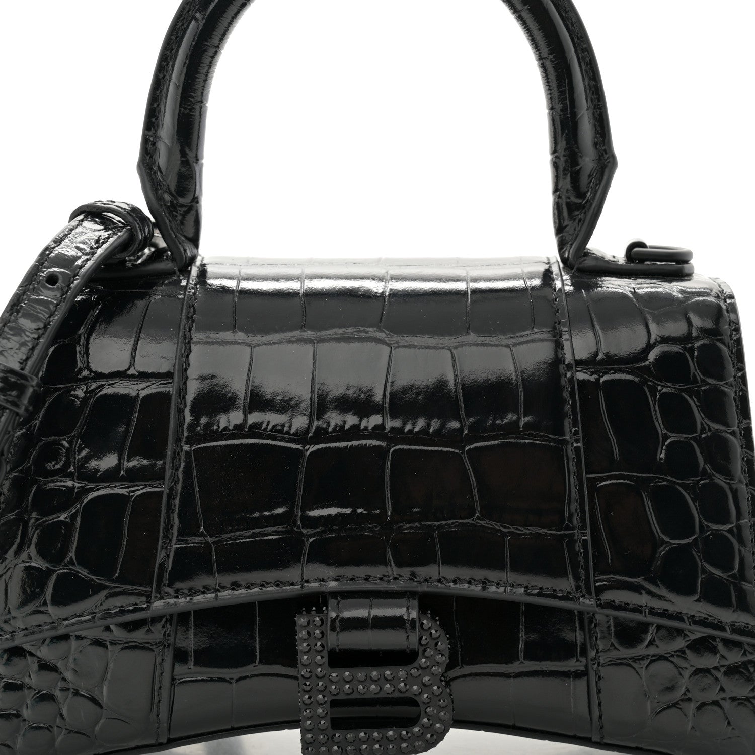 Balenciaga Shiny Calfskin Strass Monochrome Crocodile Embossed Hourglass Top Handle Bag XS Black 7 of 9