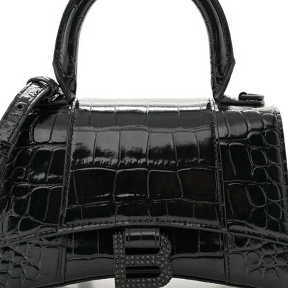 Balenciaga Shiny Calfskin Strass Monochrome Crocodile Embossed Hourglass Top Handle Bag XS Black 7 of 9