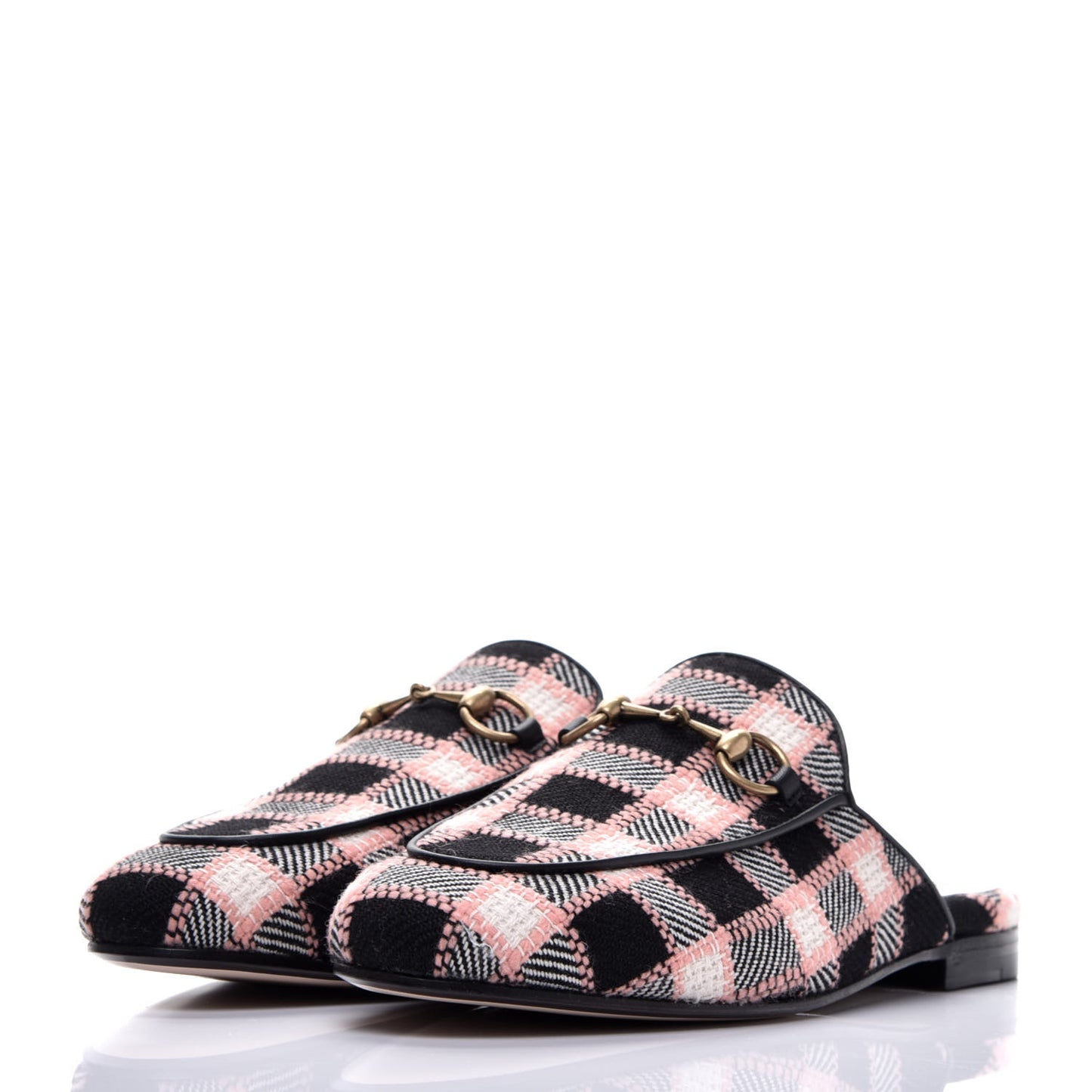 Tweed Calfskin Damier Womens Princetown Slippers 37 Black Pink Multicolor