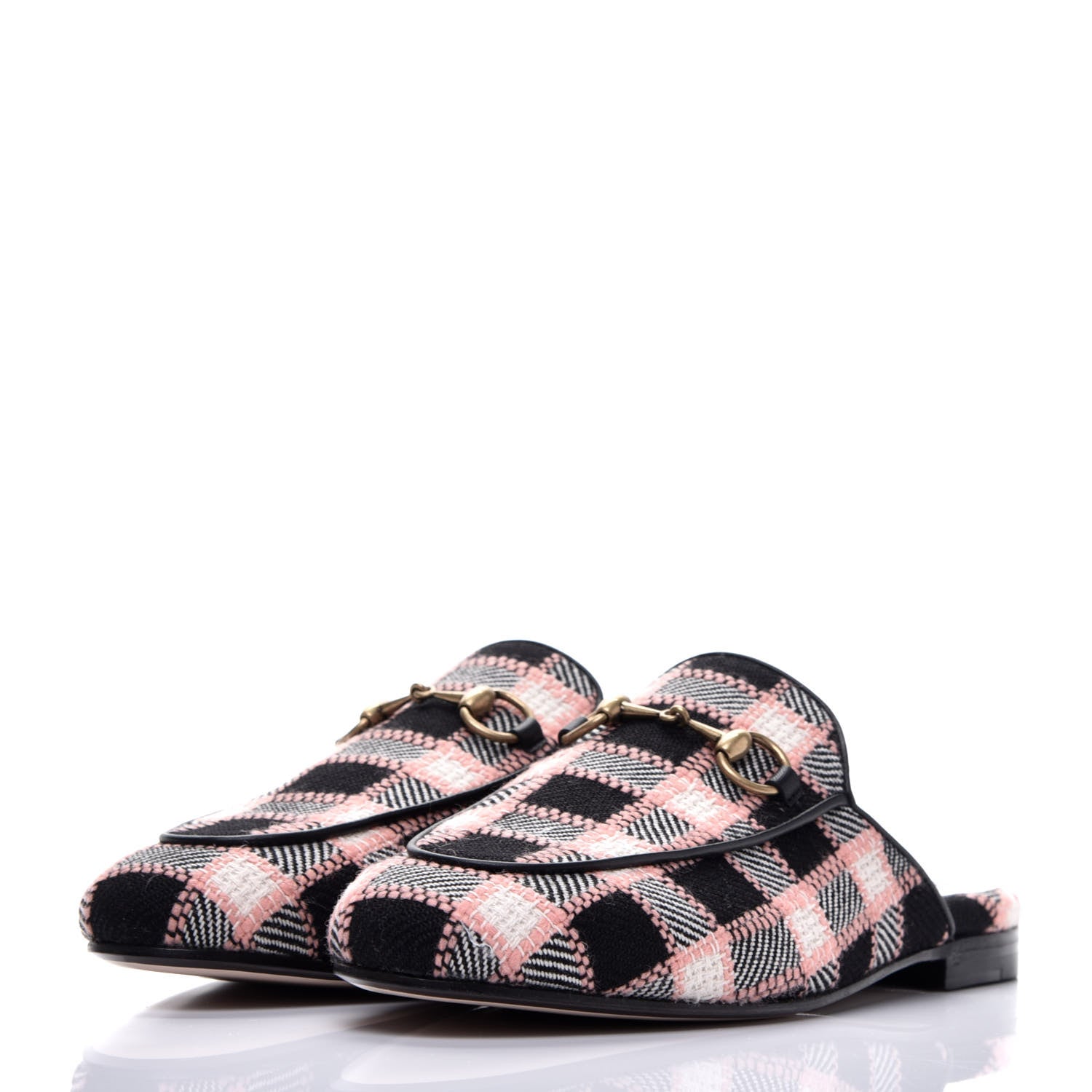 Gucci Tweed Calfskin Damier Womens Princetown Slippers 37 Black Pink Multicolor 3 of 8