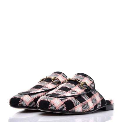 Gucci Tweed Calfskin Damier Womens Princetown Slippers 37 Black Pink Multicolor 3 of 8