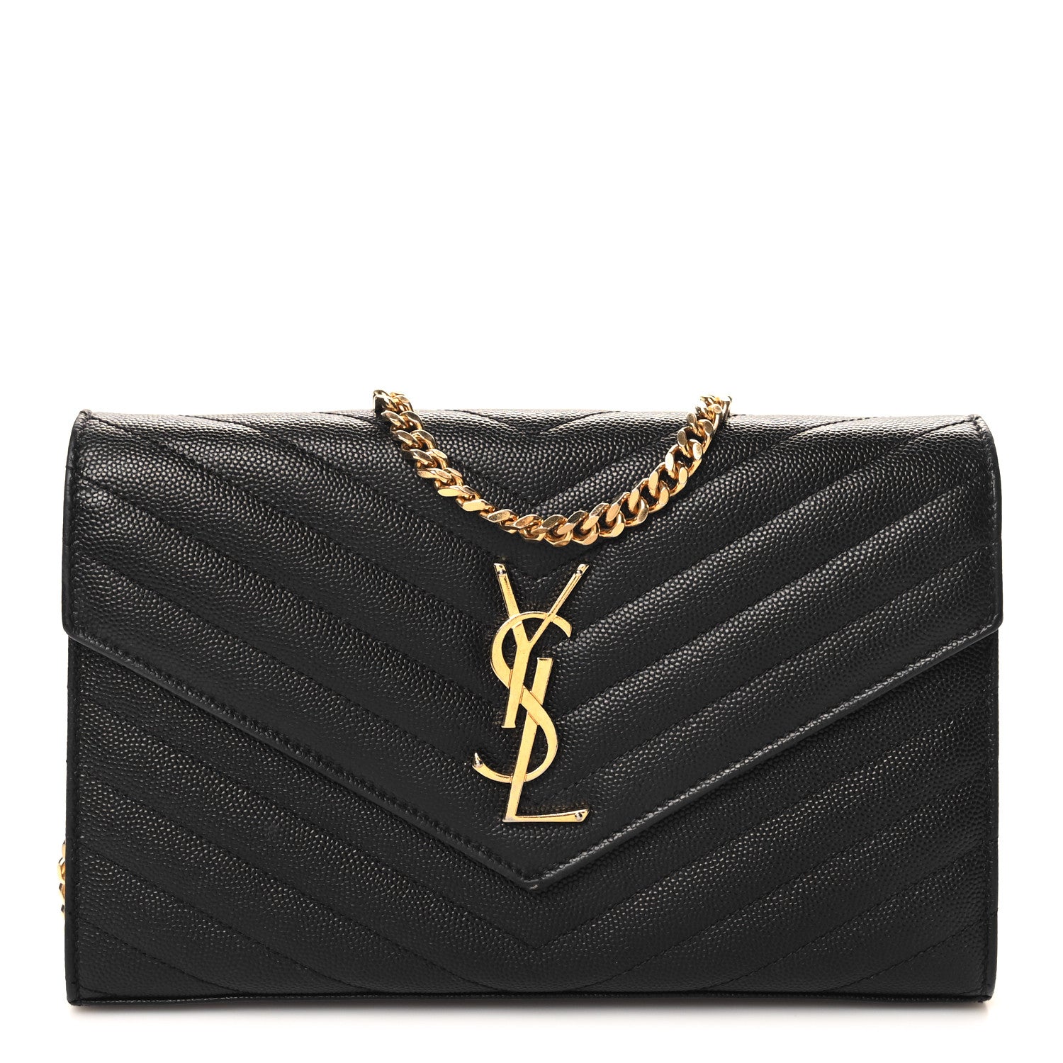 Saint Laurent Grain De Poudre Matelasse Chevron Monogram Chain Wallet Black 1 of 11
