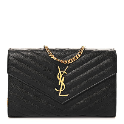 Saint Laurent Grain De Poudre Matelasse Chevron Monogram Chain Wallet Black 1 of 11