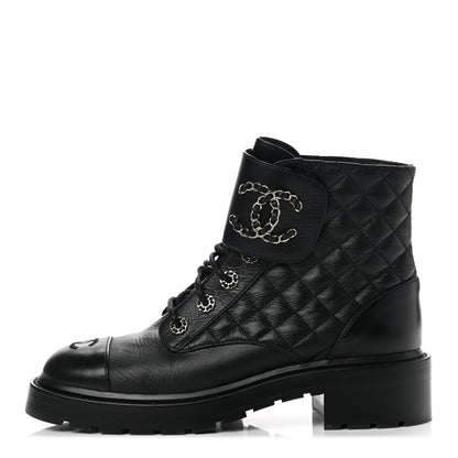 Chanel Shiny Goatskin Calfskin Quilted Lace Up Combat Boots 40 Black 1 of 9