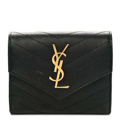 Saint Laurent Grain De Poudre Matelasse Chevron Monogram Compact Tri Fold Wallet Black 1 of 8
