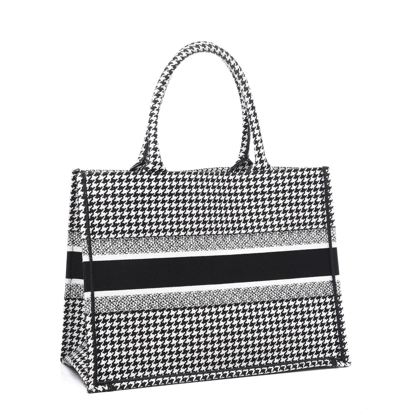 Canvas Houndstooth Embroidered Medium Book Tote Black White