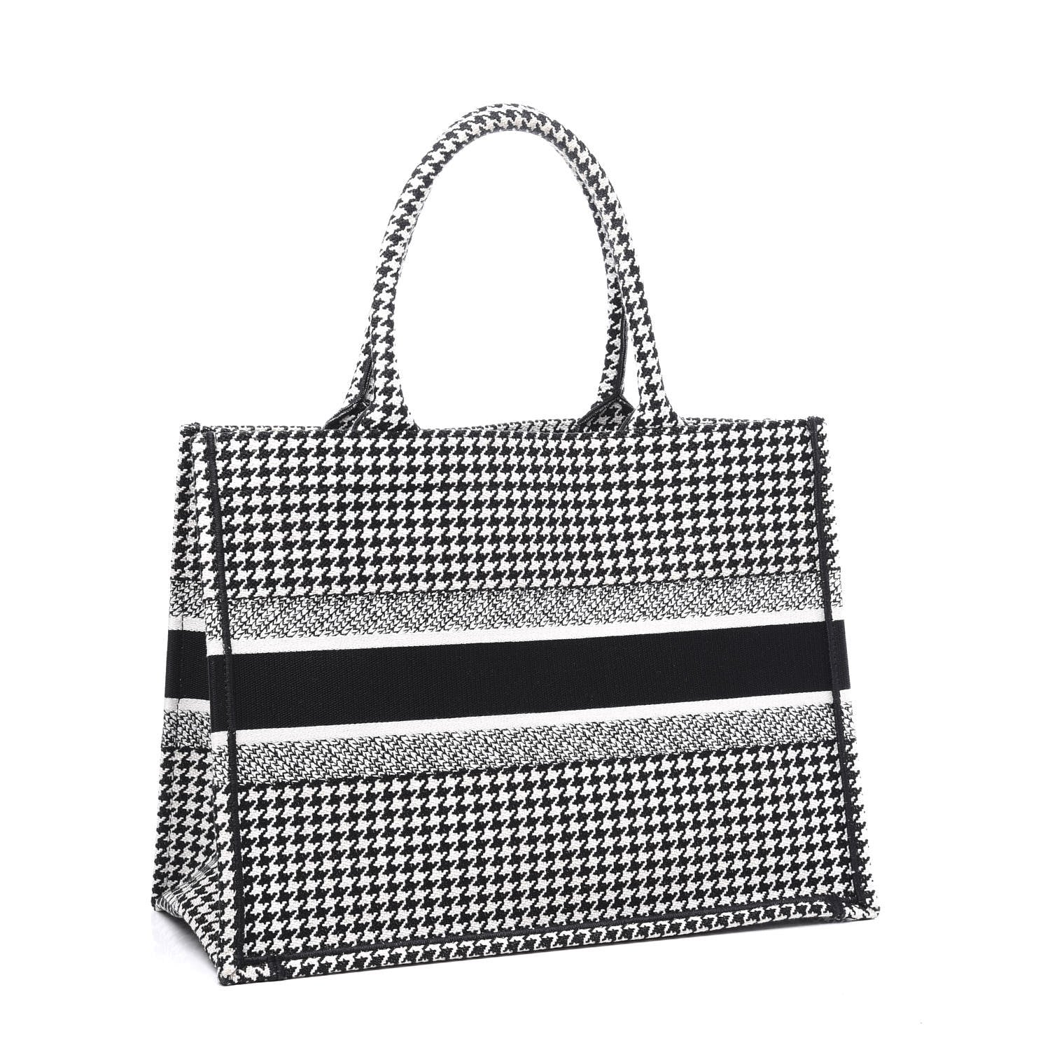 Christian Dior Canvas Houndstooth Embroidered Medium Book Tote Black White 2 of 10