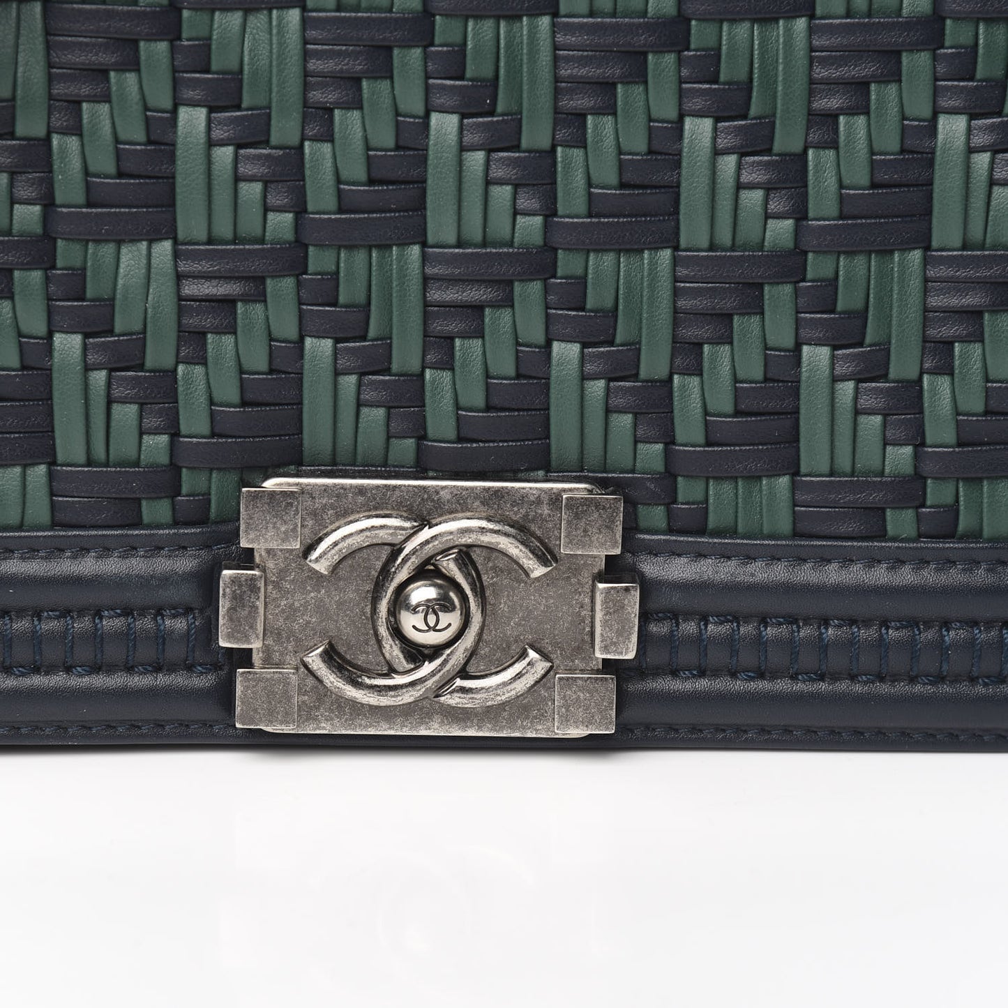 Calfskin Woven Medium Boy Flap Navy Green