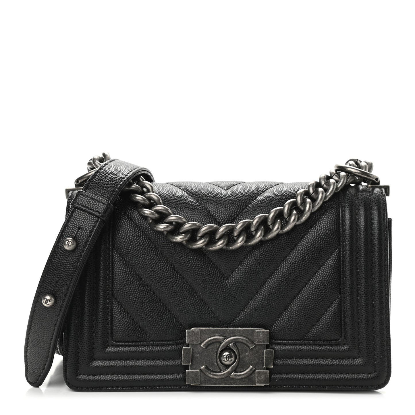 Caviar Chevron Quilted Small Boy Flap Black