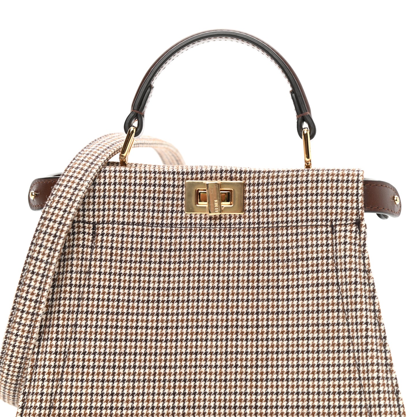 Wool Fabric Jacquard Cuoio Small Houndstooth FF 1974 Petite Peekaboo I SEE U Satchel Beige Tobacco Moro