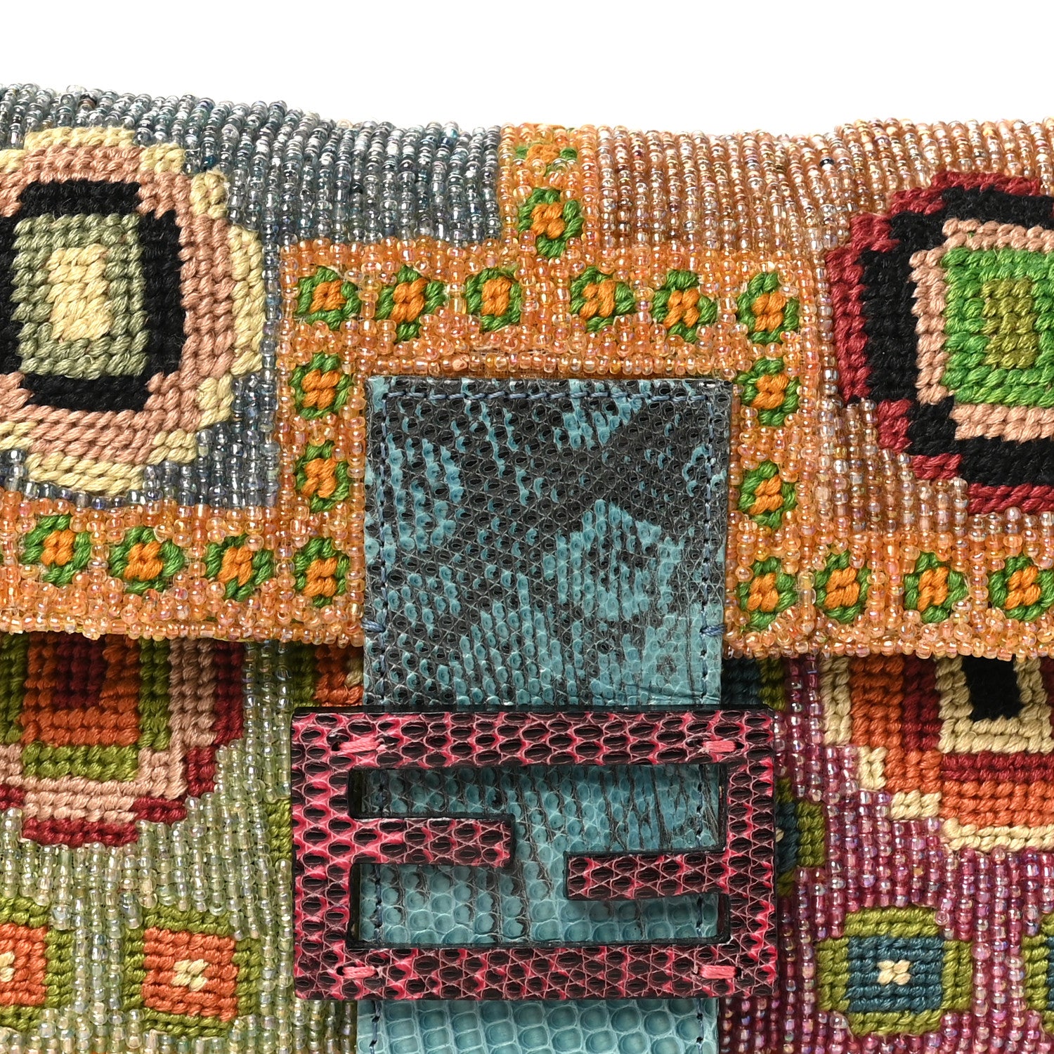 Fendi Wool Embroidered Beaded Lizard Baguette Multicolor 6 of 9