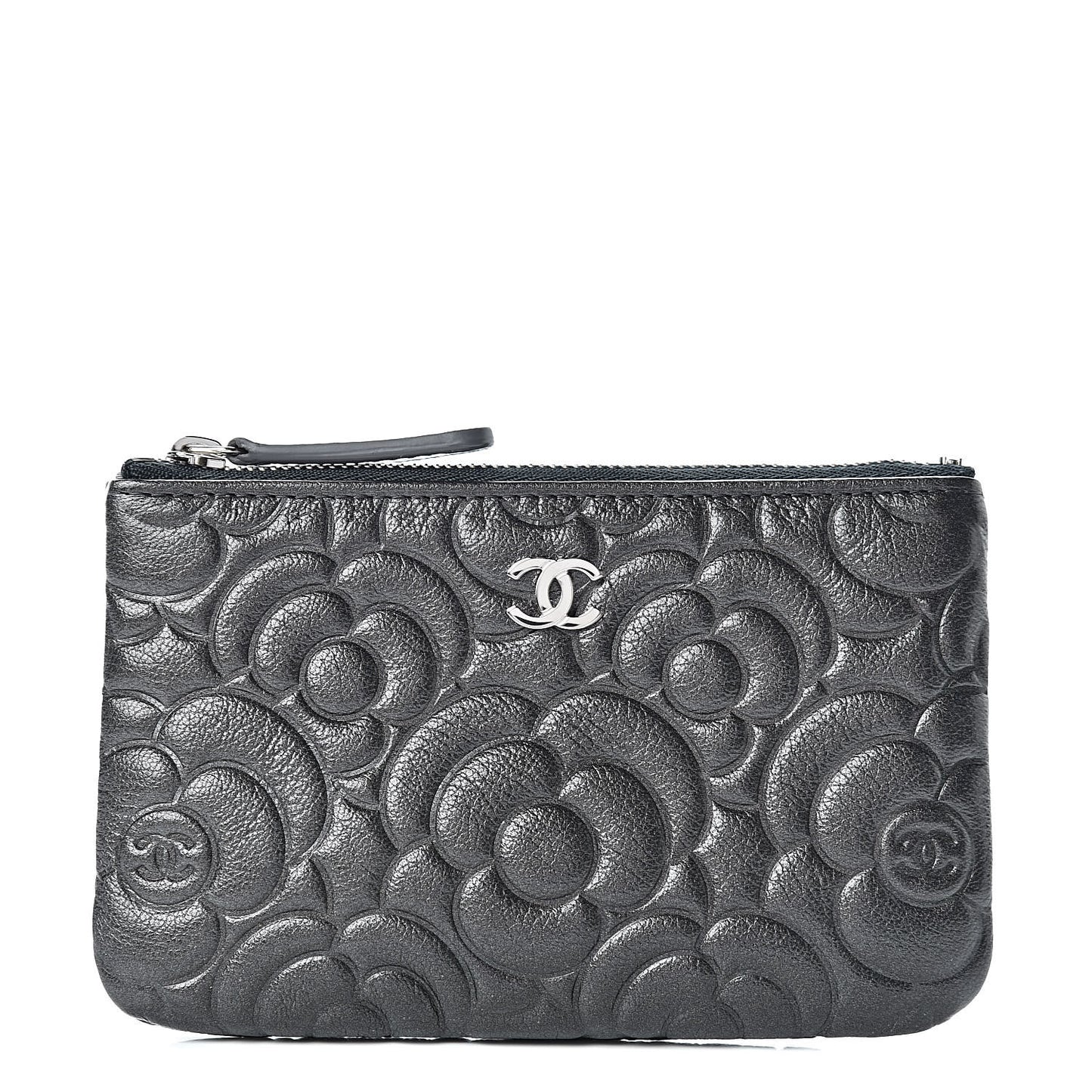 Goatskin Camellia Embossed Cosmetic Pouch Anthracite