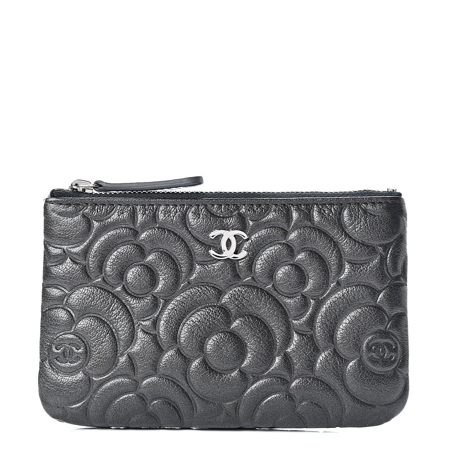 Chanel Goatskin Camellia Embossed Cosmetic Pouch Anthracite 1 of 8