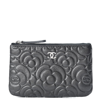 Chanel Goatskin Camellia Embossed Cosmetic Pouch Anthracite 1 of 8