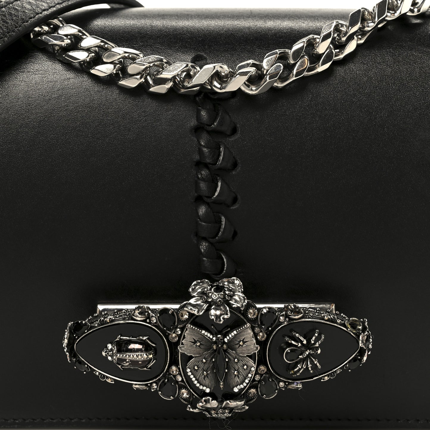 Calfskin Stitched Butterfly Jeweled Knuckle Satchel Black