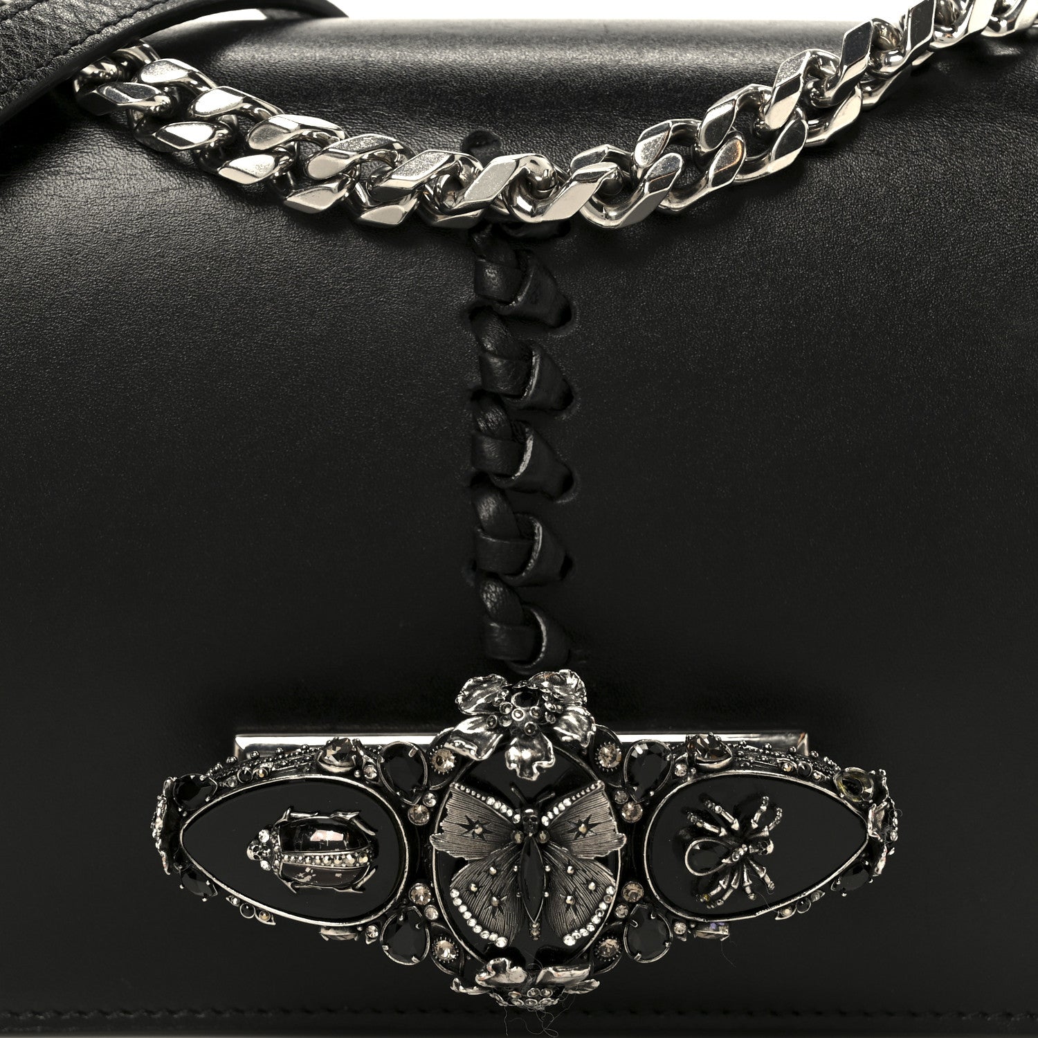 Alexander McQueen Calfskin Stitched Butterfly Jeweled Knuckle Satchel Black 9 of 11