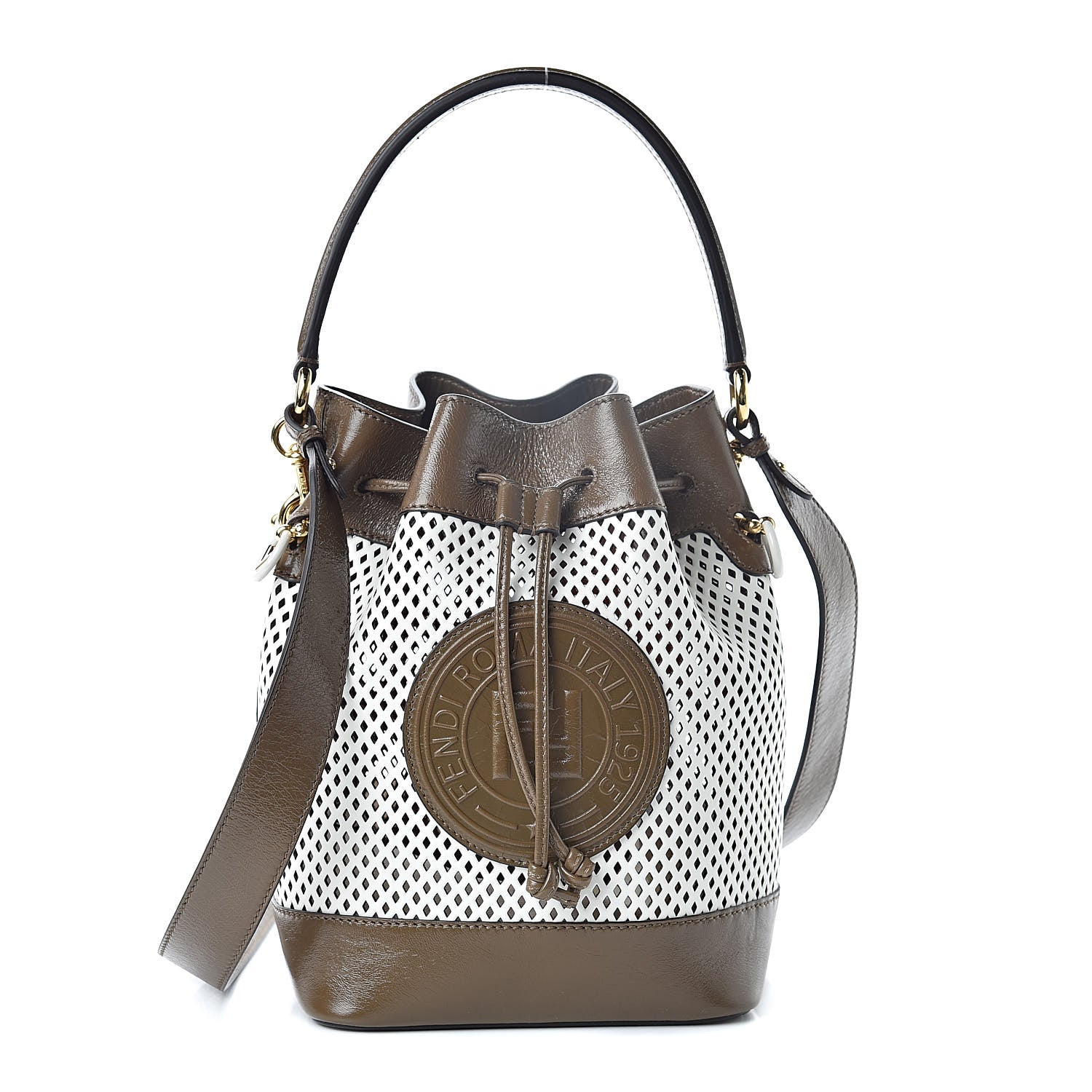 Fendi Vitello Liberty Glossy Lambskin F is Fendi Perforated Large Mon Tresor Bucket Bag White Ice Rust Maya 1 of 11