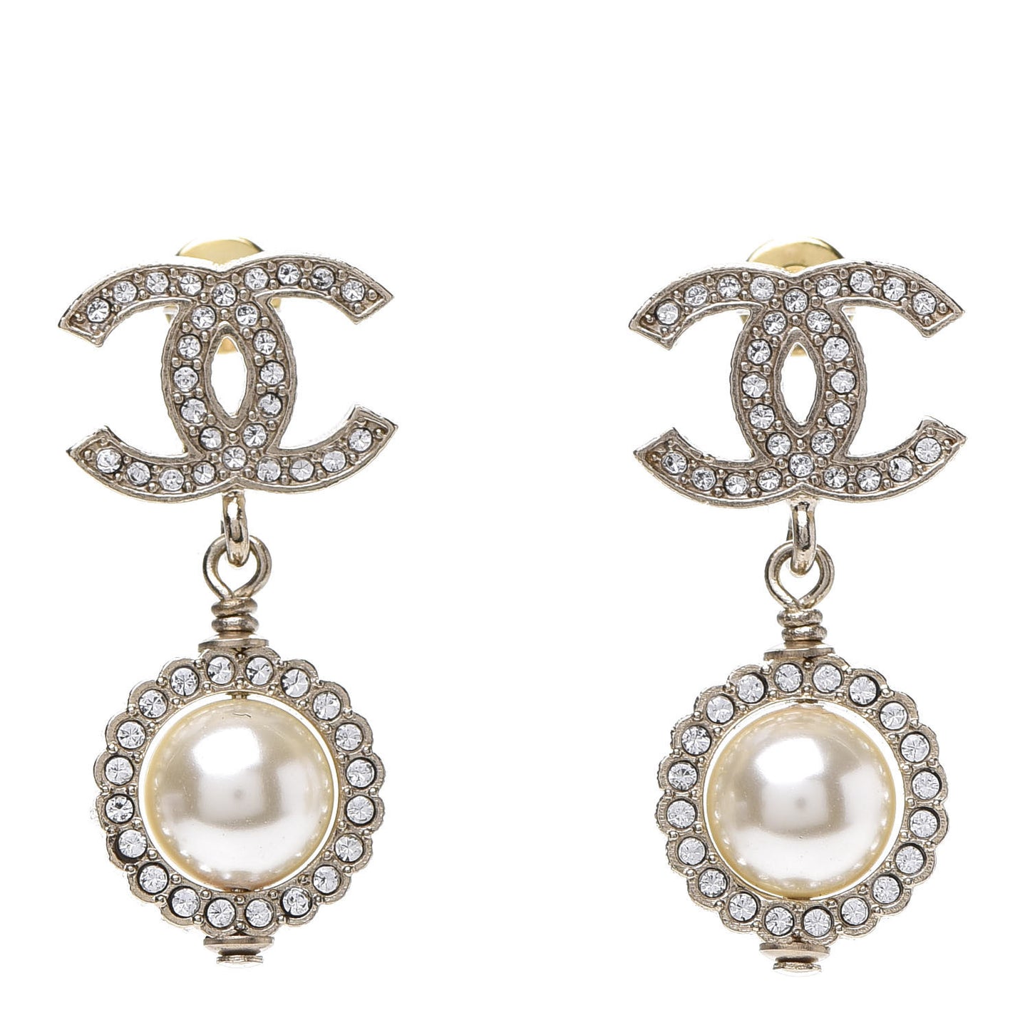 Crystal Pearl CC Drop Earrings Gold