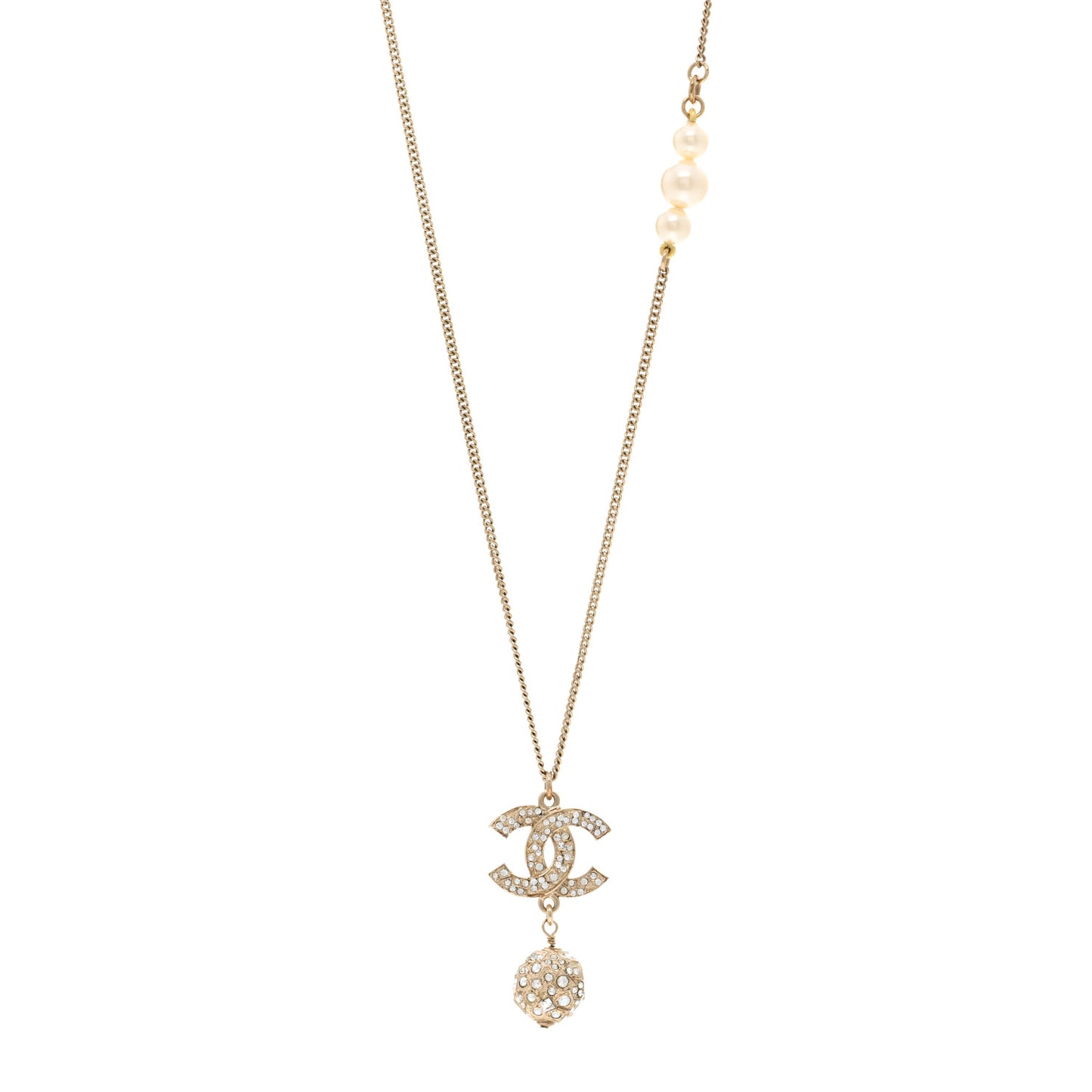 Pearl Crystal CC Pendant Necklace Gold