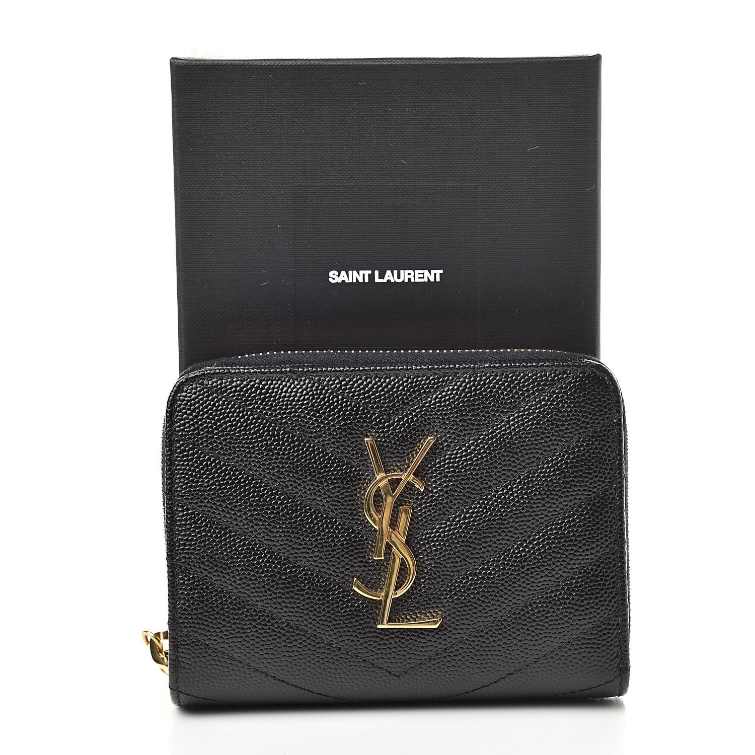 Saint Laurent Grain De Poudre Matelasse Chevron Monogram Compact Zip Around Wallet Black 9 of 9