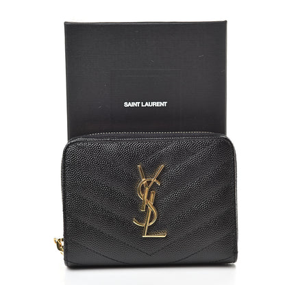 Saint Laurent Grain De Poudre Matelasse Chevron Monogram Compact Zip Around Wallet Black 9 of 9
