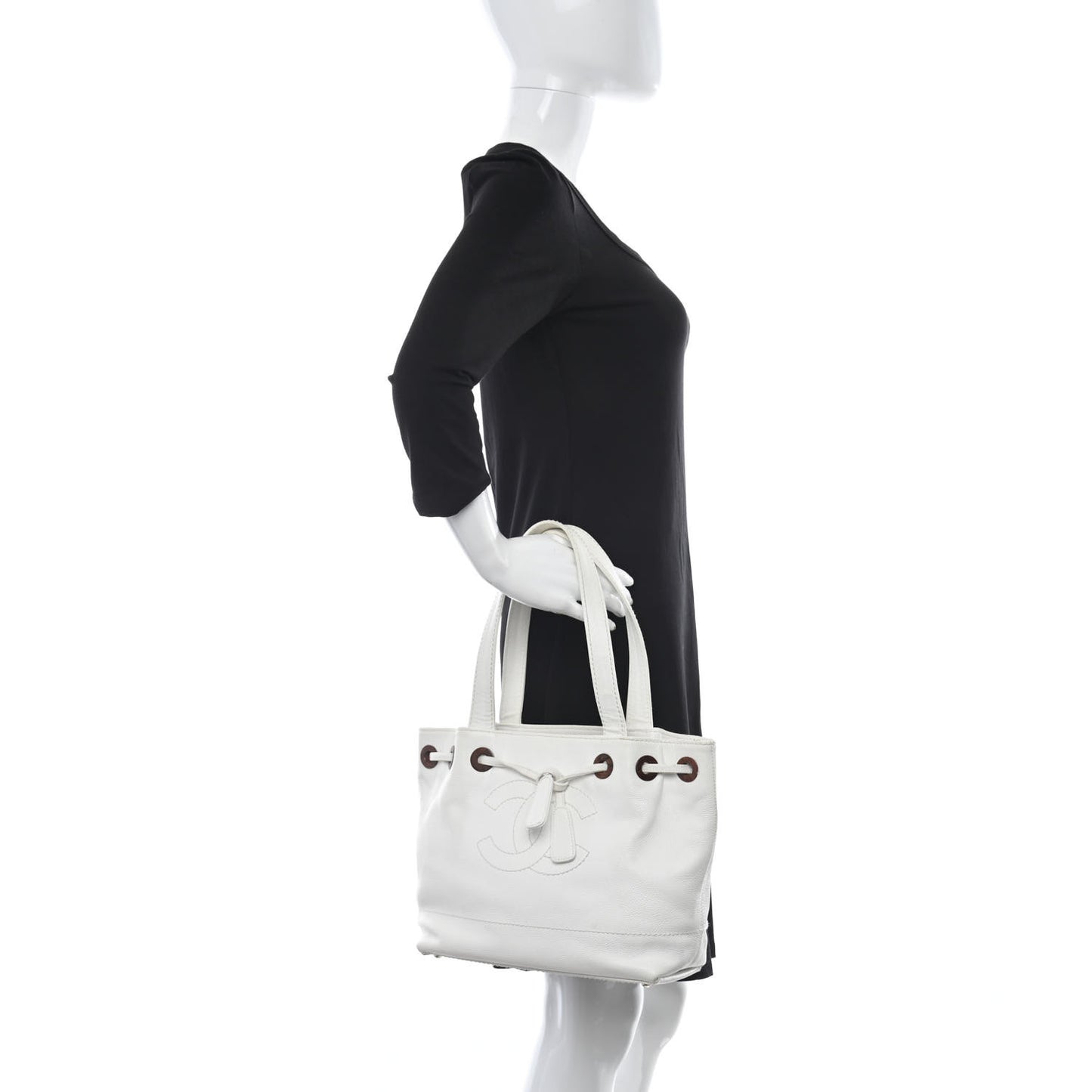 Caviar Wood Drawstring Bucket Bag White
