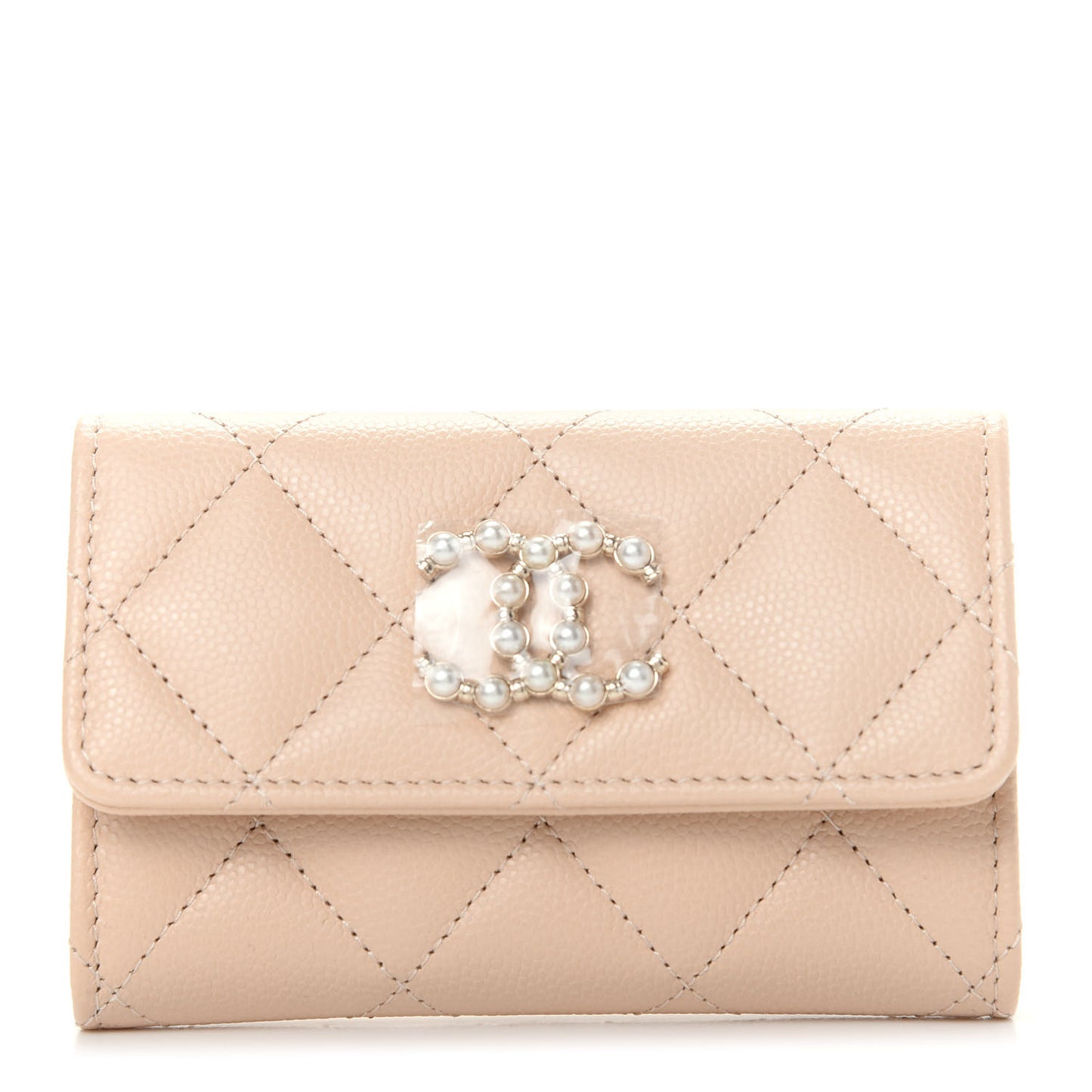 Caviar Pearl Quilted Coco Candy Flap Card Holder Beige