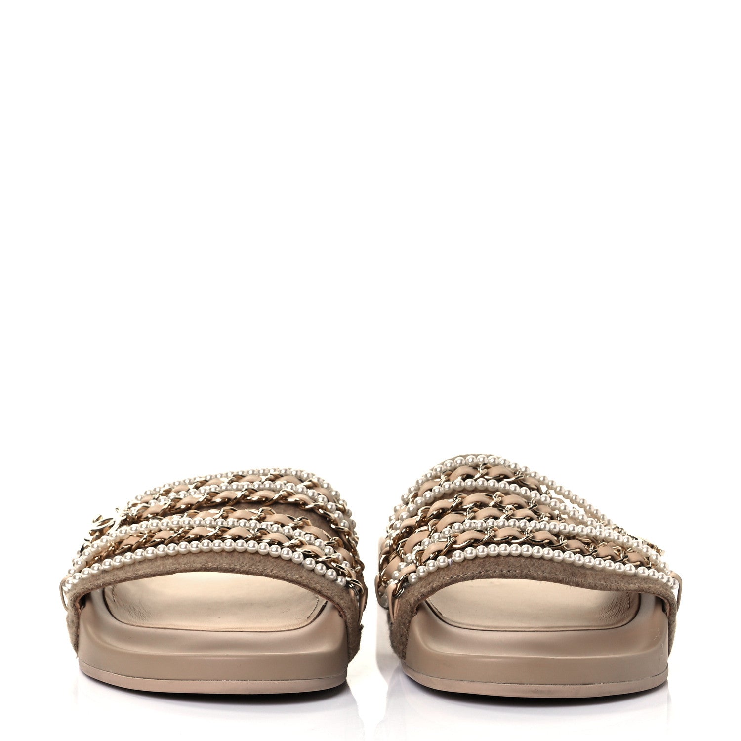 Chanel Felt Pearl Lambskin Chain Flat Sandals 37 Beige 2 of 8
