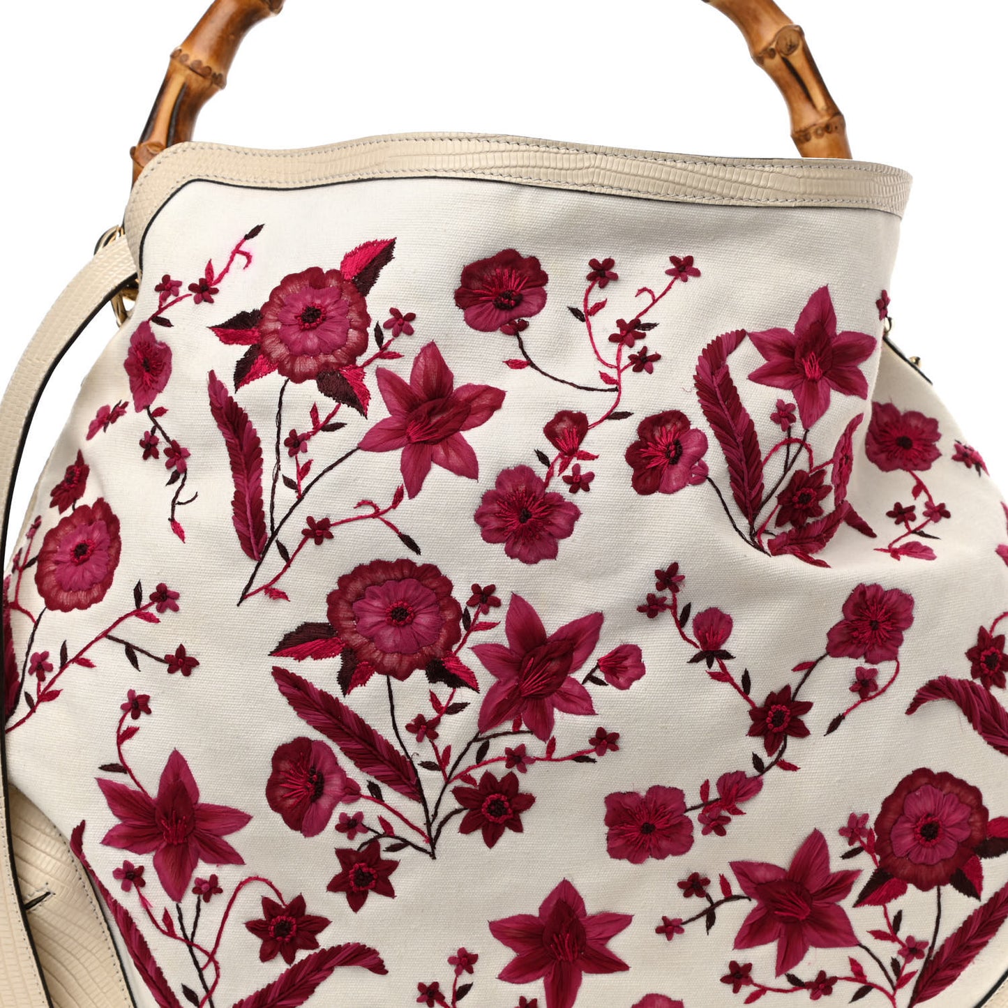 Canvas Embroidered Peggy Bamboo Top Handle Hobo White Pink
