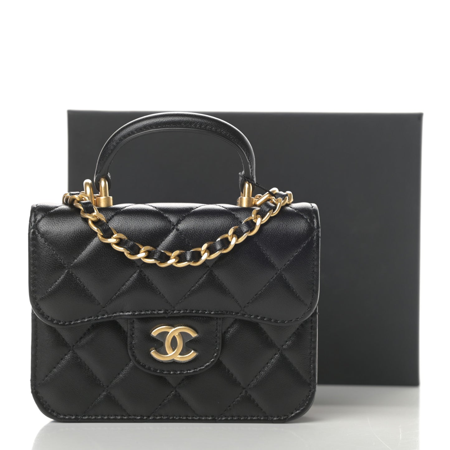 Lambskin Quilted Top Handle Flap Coin Purse With Chain Black