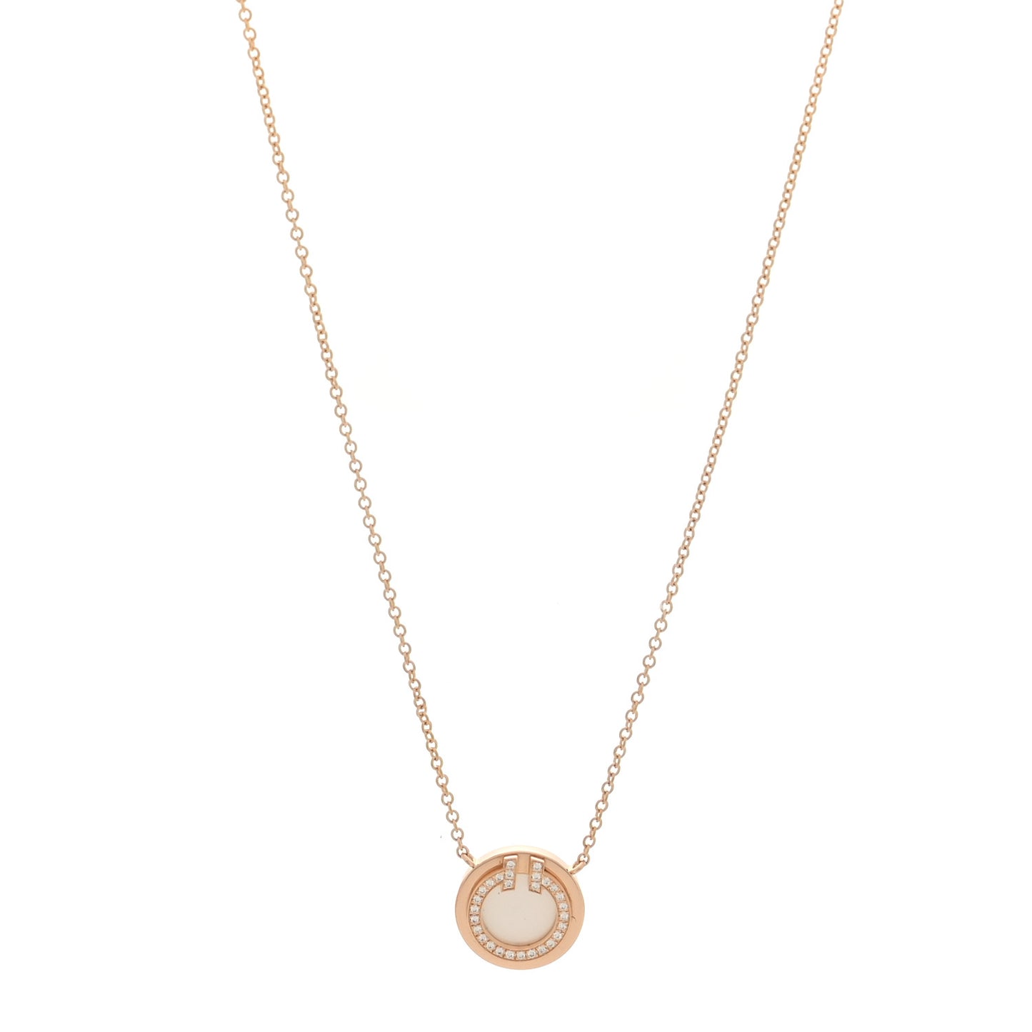 18K Rose Gold Diamond Mother of Pearl Small T Circle Pendant Necklace