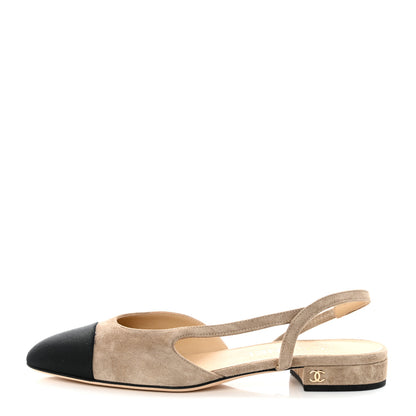 Chanel Suede Satin Cap Toe CC Slingback Sandals 36.5 Beige Black 1 of 9