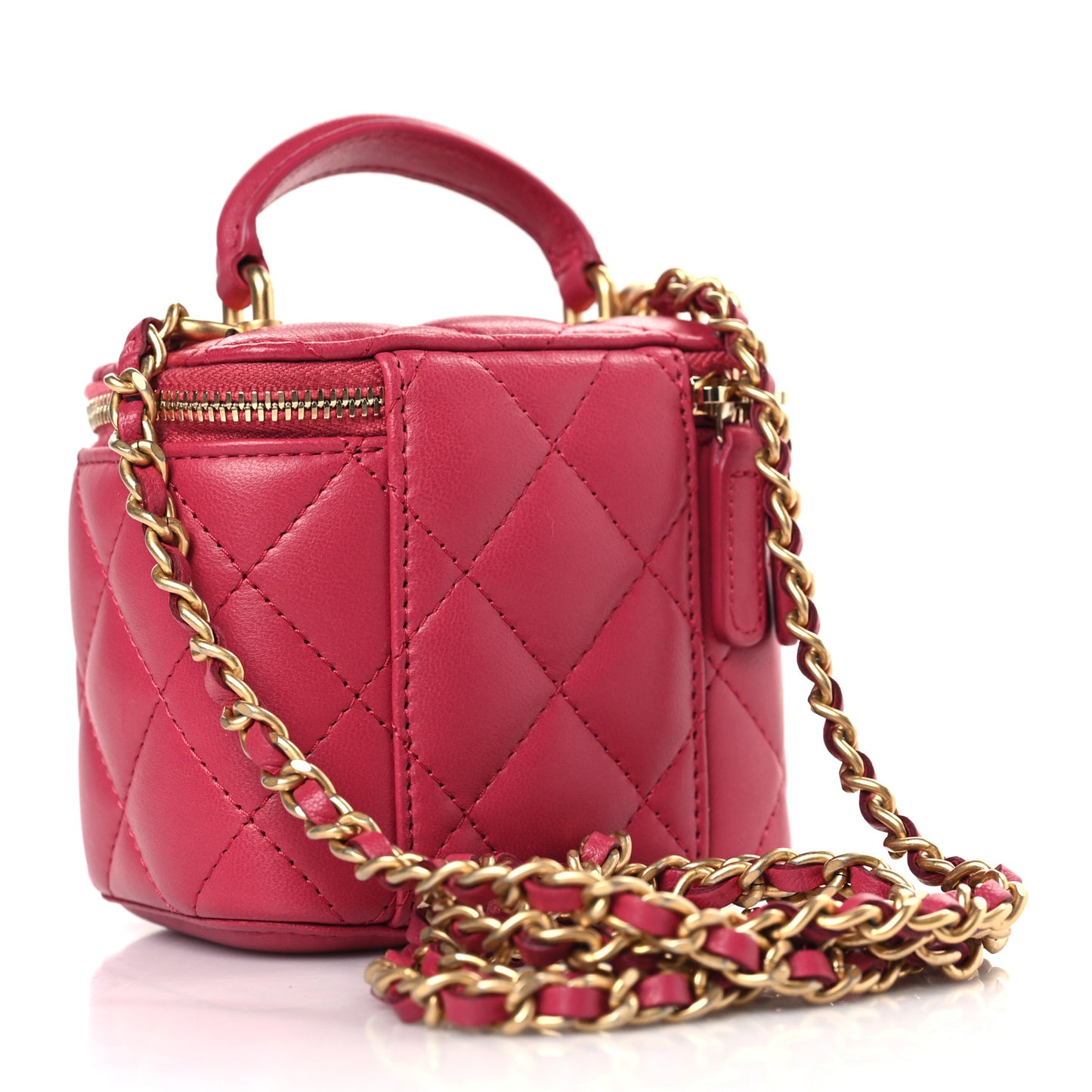 Lambskin Quilted Mini Top Handle Vanity Case With Chain Dark Pink