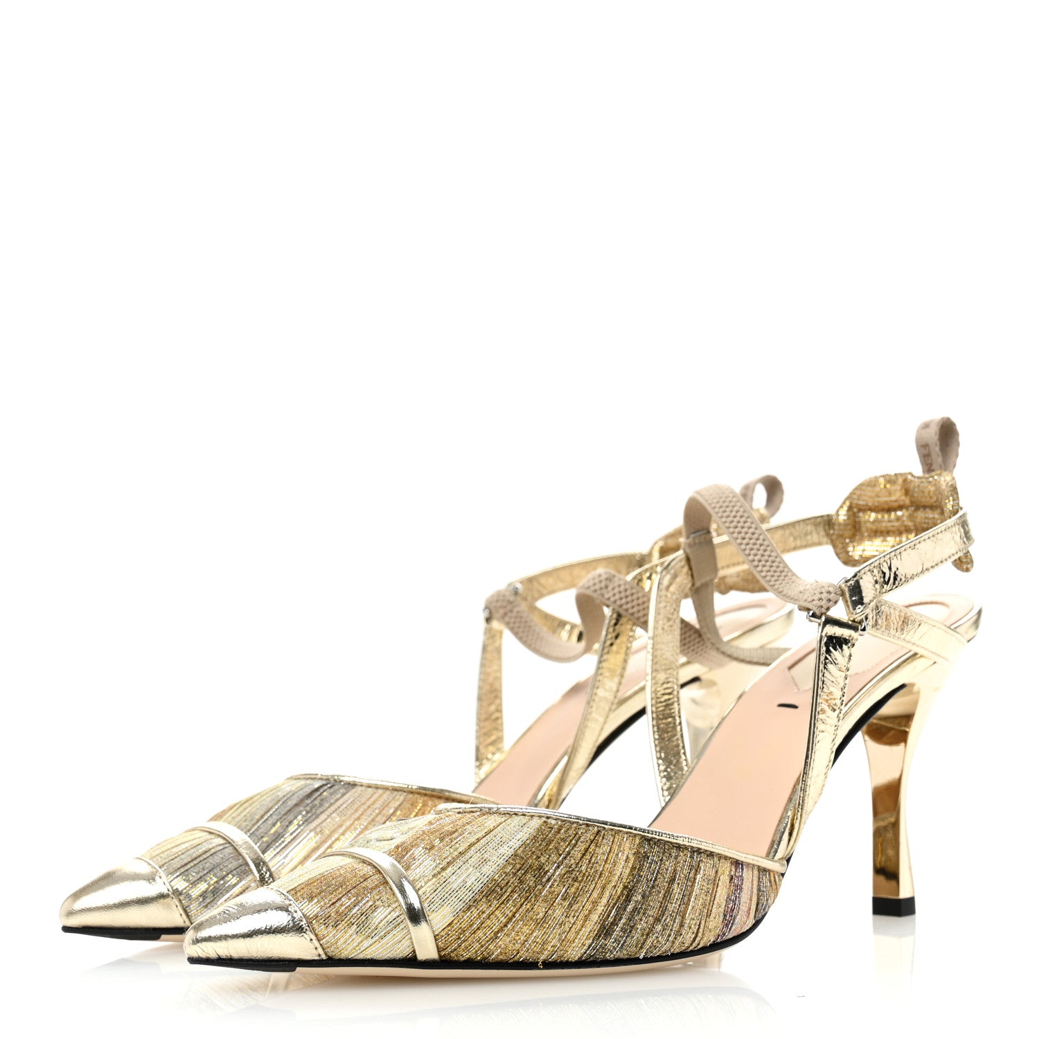Fendi Laminated Fabric Nappa Colibri Lite 85mm Slingback Pumps 38.5 Gold Platino 4 of 9
